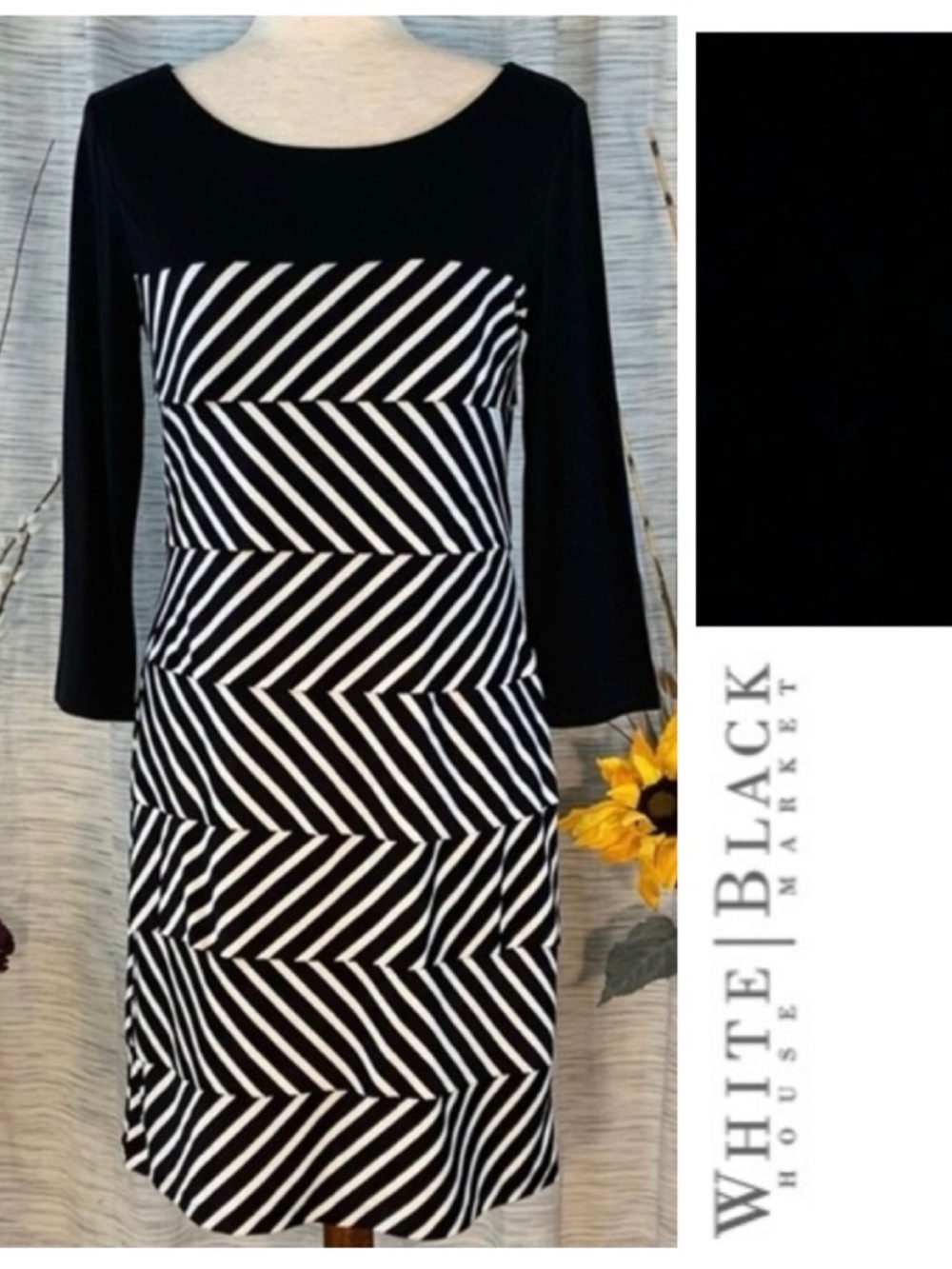 White House Black Market black and white zig-zag shuttered dress.